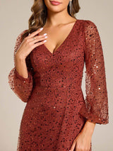 ever RAYVEN|Shimmering All Over V-Neck Long Lantern Sleeve Sequin A-Line Evening Dress