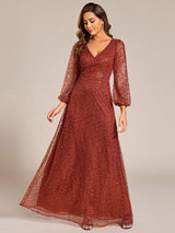 ever RAYVEN|Shimmering All Over V-Neck Long Lantern Sleeve Sequin A-Line Evening Dress