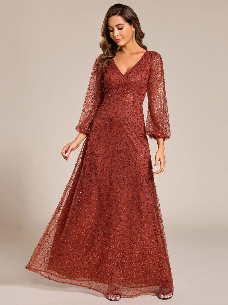 ever RAYVEN|Shimmering All Over V-Neck Long Lantern Sleeve Sequin A-Line Evening Dress