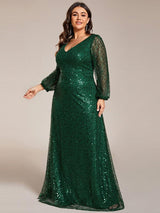 pretty RAYVEN|Plus Size V-Neck Lantern Long Sleeve Sequin A-Line Evening Dress