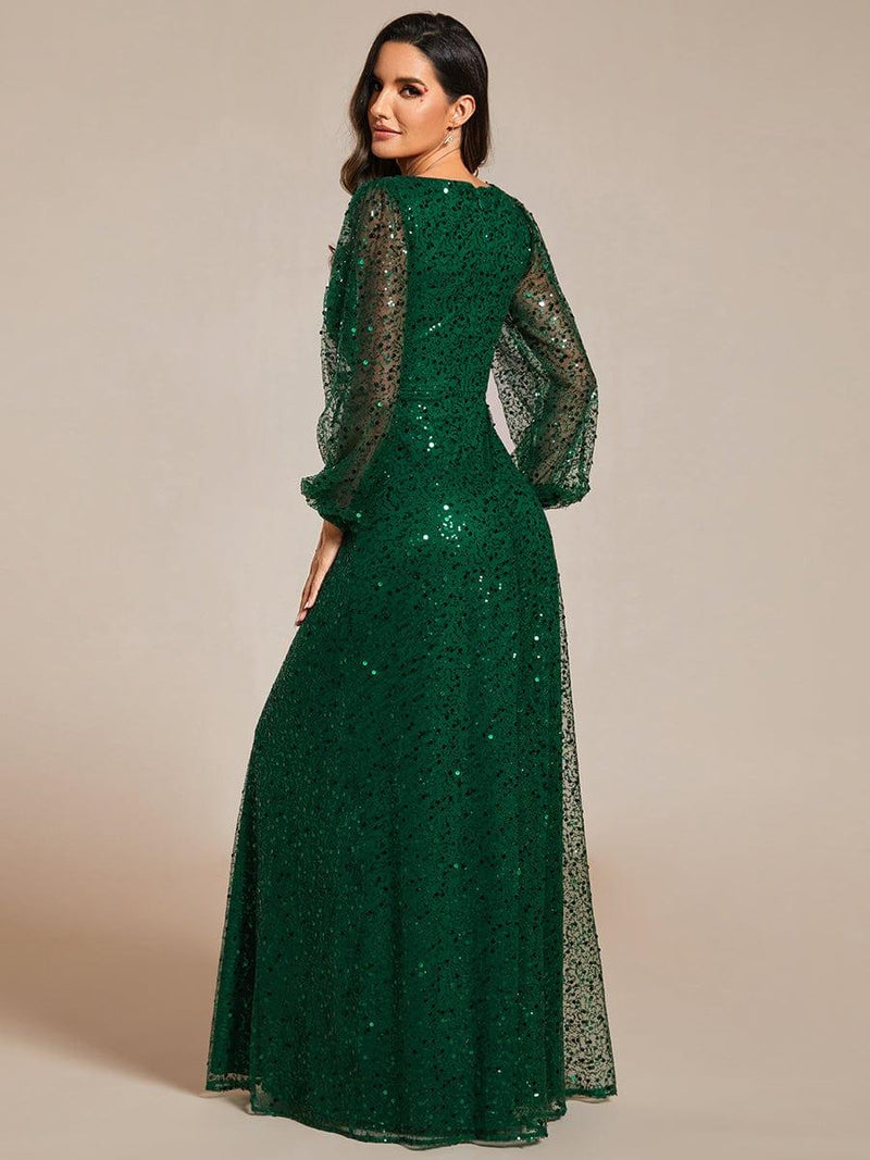 ever RAYVEN|Shimmering All Over V-Neck Long Lantern Sleeve Sequin A-Line Evening Dress
