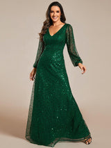 ever RAYVEN|Shimmering All Over V-Neck Long Lantern Sleeve Sequin A-Line Evening Dress