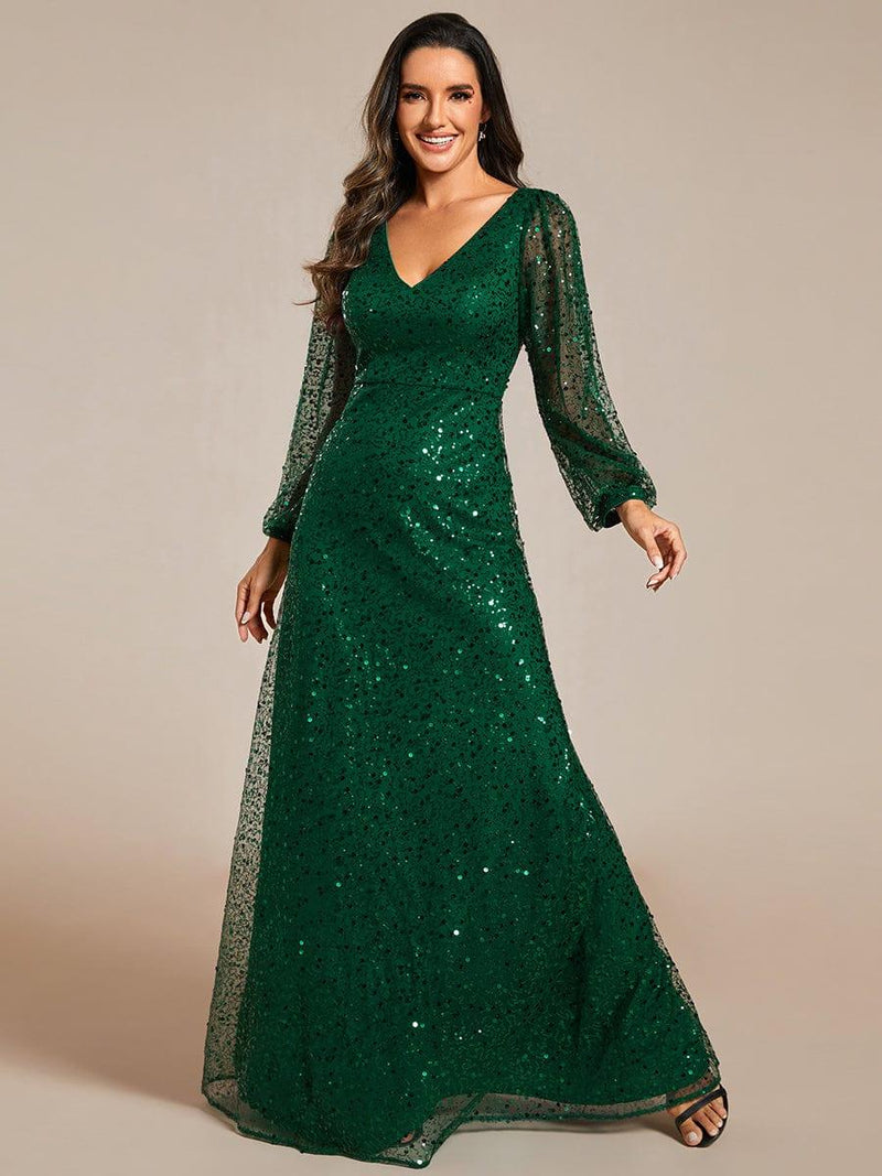 ever RAYVEN|Shimmering All Over V-Neck Long Lantern Sleeve Sequin A-Line Evening Dress