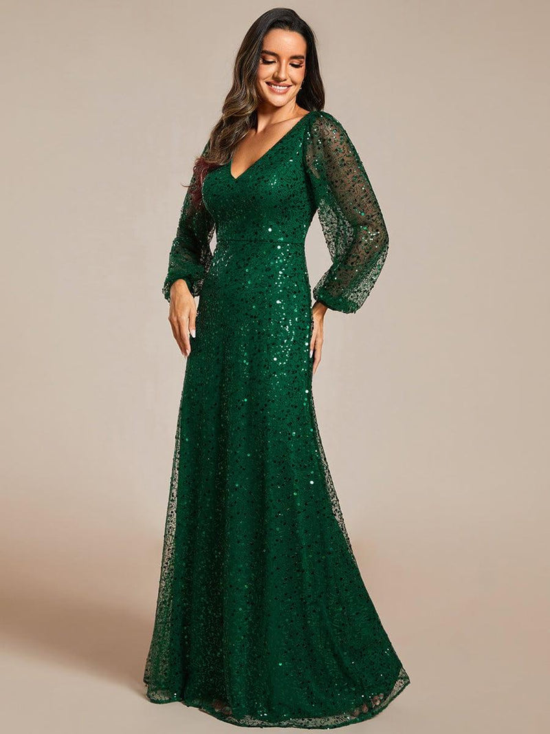 ever RAYVEN|Shimmering All Over V-Neck Long Lantern Sleeve Sequin A-Line Evening Dress