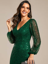 ever RAYVEN|Shimmering All Over V-Neck Long Lantern Sleeve Sequin A-Line Evening Dress
