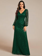 ever RAYVEN|Shimmering All Over V-Neck Long Lantern Sleeve Sequin A-Line Evening Dress