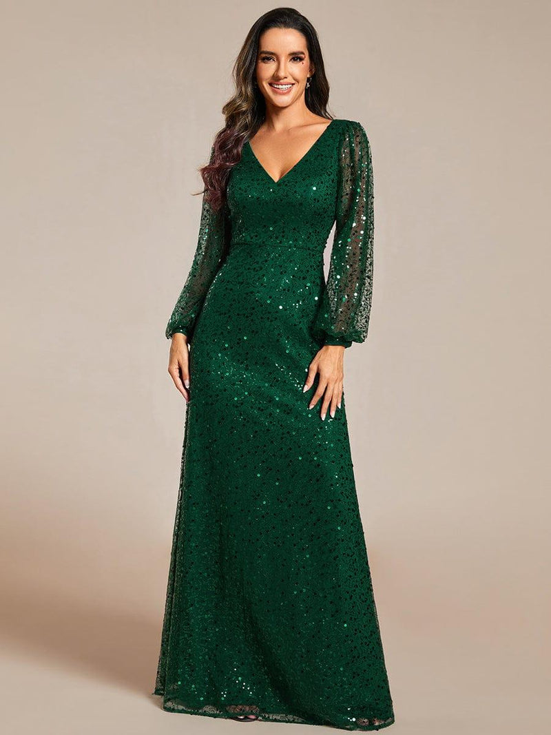 ever RAYVEN|Shimmering All Over V-Neck Long Lantern Sleeve Sequin A-Line Evening Dress