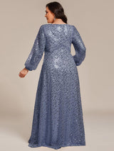 ever RAYVEN|Shimmering All Over V-Neck Long Lantern Sleeve Sequin A-Line Evening Dress