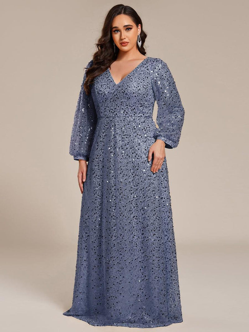 ever RAYVEN|Shimmering All Over V-Neck Long Lantern Sleeve Sequin A-Line Evening Dress