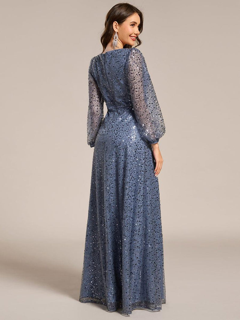 ever RAYVEN|Shimmering All Over V-Neck Long Lantern Sleeve Sequin A-Line Evening Dress