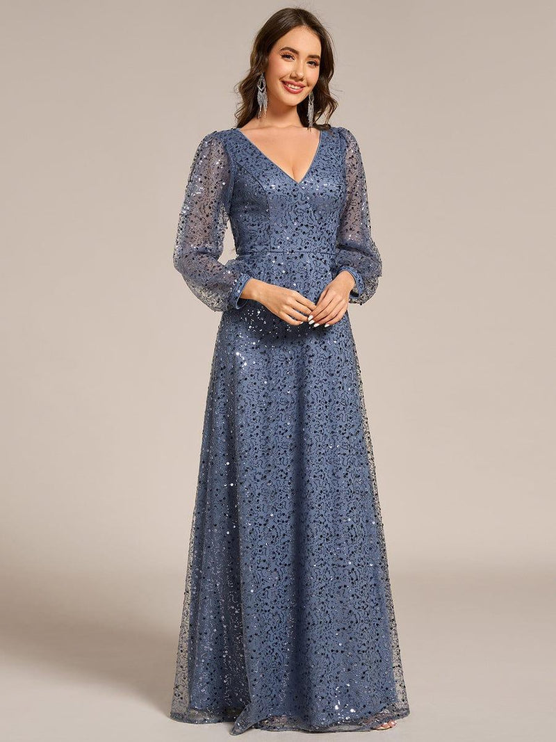 ever RAYVEN|Shimmering All Over V-Neck Long Lantern Sleeve Sequin A-Line Evening Dress