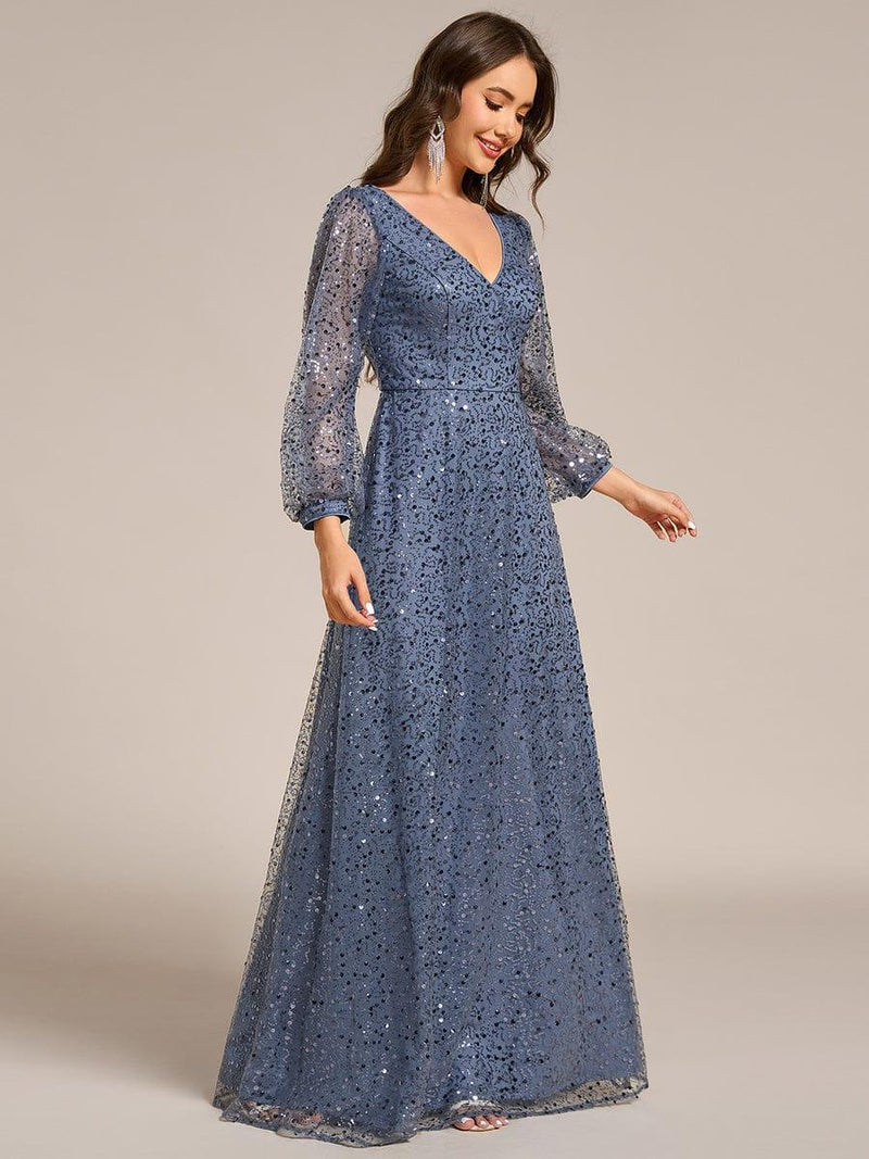 ever RAYVEN|Shimmering All Over V-Neck Long Lantern Sleeve Sequin A-Line Evening Dress