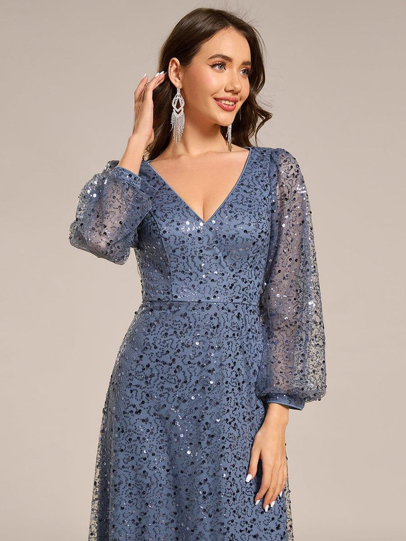 ever RAYVEN|Shimmering All Over V-Neck Long Lantern Sleeve Sequin A-Line Evening Dress
