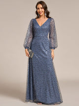 ever RAYVEN|Shimmering All Over V-Neck Long Lantern Sleeve Sequin A-Line Evening Dress