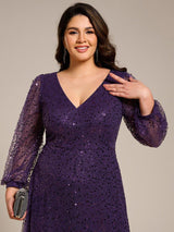 ever RAYVEN|Shimmering All Over V-Neck Long Lantern Sleeve Sequin A-Line Evening Dress