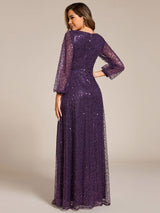 ever RAYVEN|Shimmering All Over V-Neck Long Lantern Sleeve Sequin A-Line Evening Dress