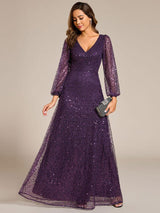 ever RAYVEN|Shimmering All Over V-Neck Long Lantern Sleeve Sequin A-Line Evening Dress