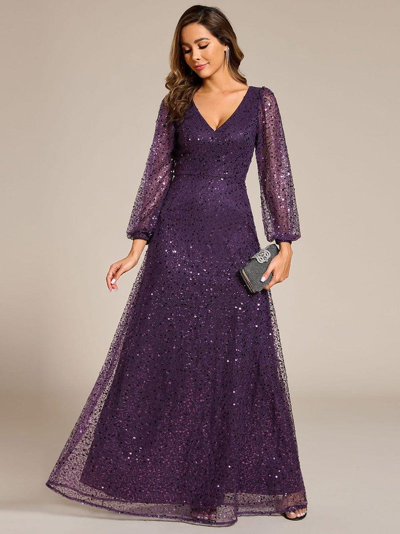 ever RAYVEN|Shimmering All Over V-Neck Long Lantern Sleeve Sequin A-Line Evening Dress