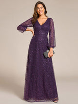 ever RAYVEN|Shimmering All Over V-Neck Long Lantern Sleeve Sequin A-Line Evening Dress