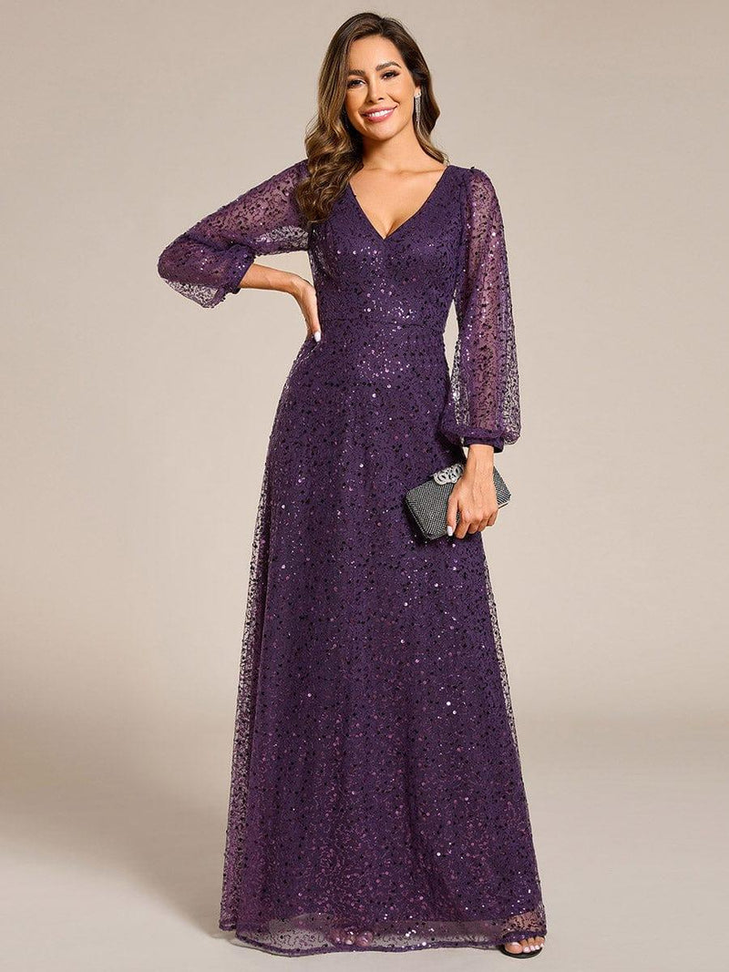 ever RAYVEN|Shimmering All Over V-Neck Long Lantern Sleeve Sequin A-Line Evening Dress