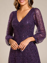 ever RAYVEN|Shimmering All Over V-Neck Long Lantern Sleeve Sequin A-Line Evening Dress