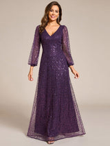 ever RAYVEN|Shimmering All Over V-Neck Long Lantern Sleeve Sequin A-Line Evening Dress