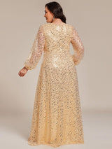 ever RAYVEN|Shimmering All Over V-Neck Long Lantern Sleeve Sequin A-Line Evening Dress