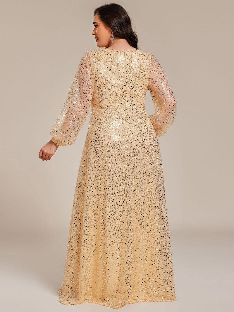 ever RAYVEN|Shimmering All Over V-Neck Long Lantern Sleeve Sequin A-Line Evening Dress