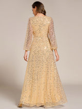 ever RAYVEN|Shimmering All Over V-Neck Long Lantern Sleeve Sequin A-Line Evening Dress