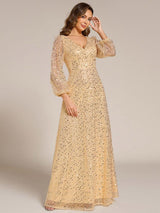 ever RAYVEN|Shimmering All Over V-Neck Long Lantern Sleeve Sequin A-Line Evening Dress