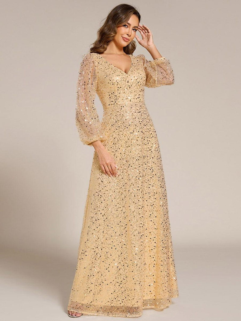 ever RAYVEN|Shimmering All Over V-Neck Long Lantern Sleeve Sequin A-Line Evening Dress