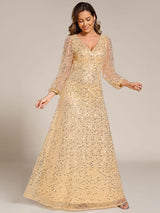 ever RAYVEN|Shimmering All Over V-Neck Long Lantern Sleeve Sequin A-Line Evening Dress