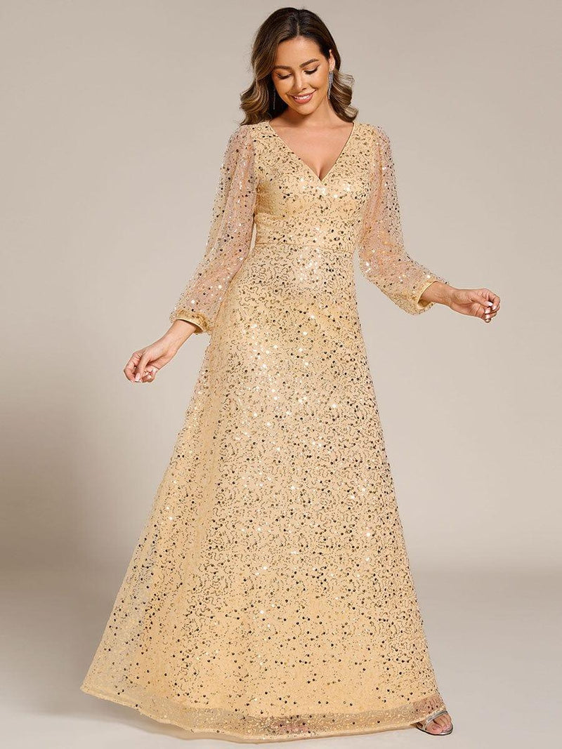 ever RAYVEN|Shimmering All Over V-Neck Long Lantern Sleeve Sequin A-Line Evening Dress