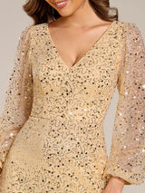 ever RAYVEN|Shimmering All Over V-Neck Long Lantern Sleeve Sequin A-Line Evening Dress