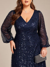 ever RAYVEN|Shimmering All Over V-Neck Long Lantern Sleeve Sequin A-Line Evening Dress