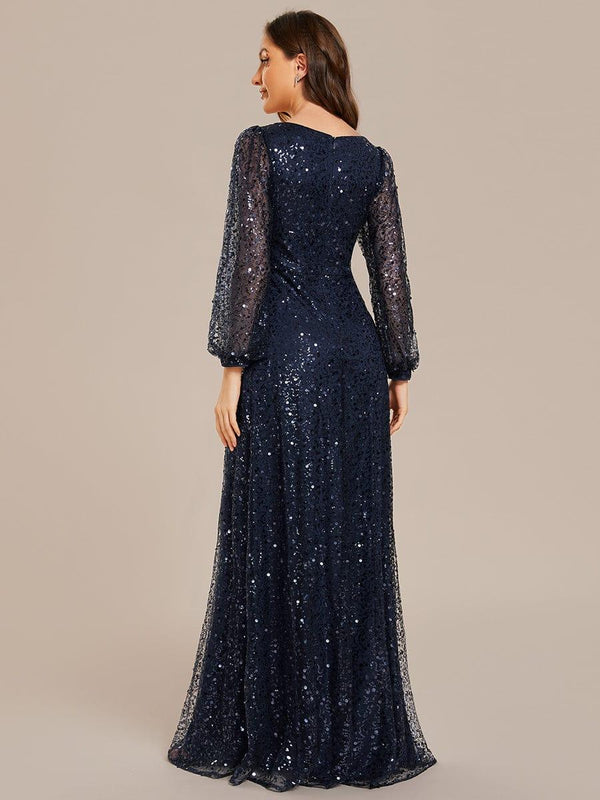 ever RAYVEN|Shimmering All Over V-Neck Long Lantern Sleeve Sequin A-Line Evening Dress