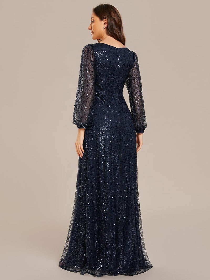 ever RAYVEN|Shimmering All Over V-Neck Long Lantern Sleeve Sequin A-Line Evening Dress