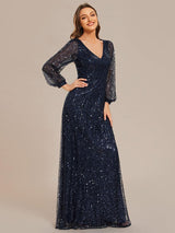 ever RAYVEN|Shimmering All Over V-Neck Long Lantern Sleeve Sequin A-Line Evening Dress