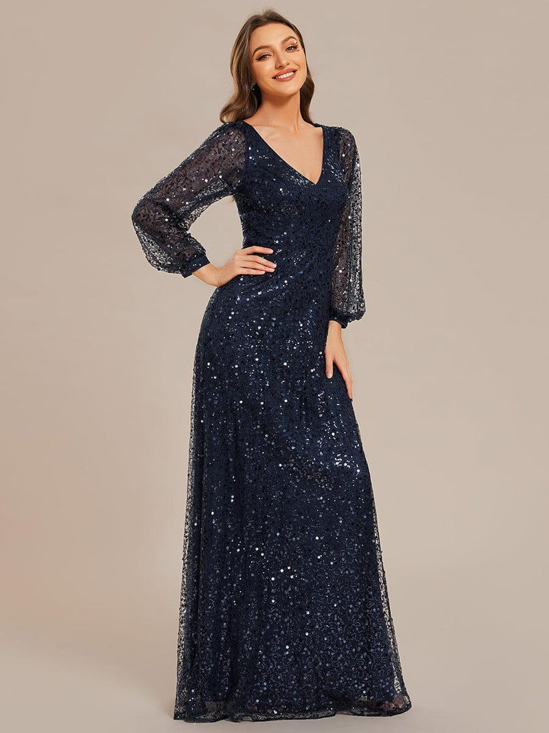 ever RAYVEN|Shimmering All Over V-Neck Long Lantern Sleeve Sequin A-Line Evening Dress