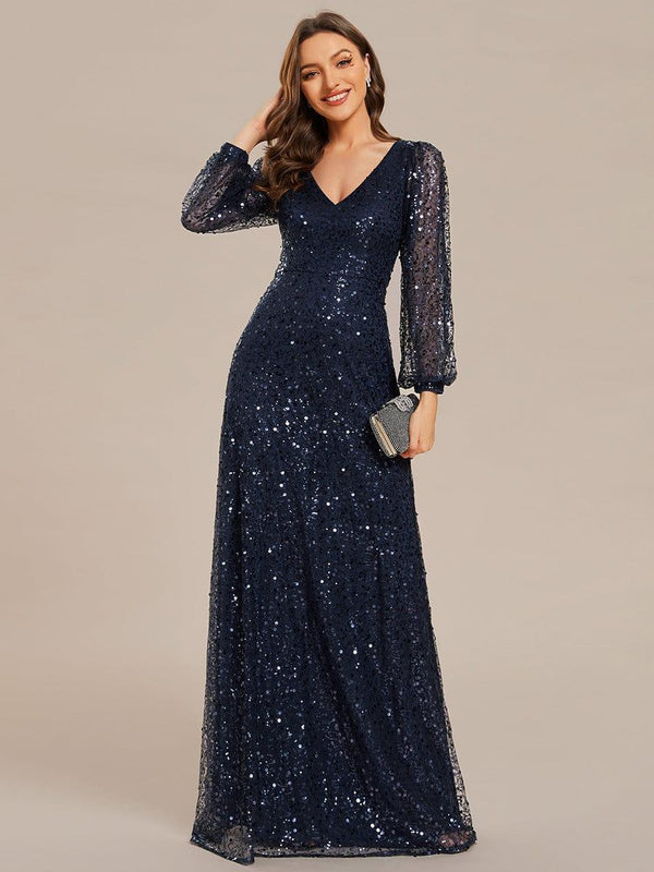 ever RAYVEN|Shimmering All Over V-Neck Long Lantern Sleeve Sequin A-Line Evening Dress