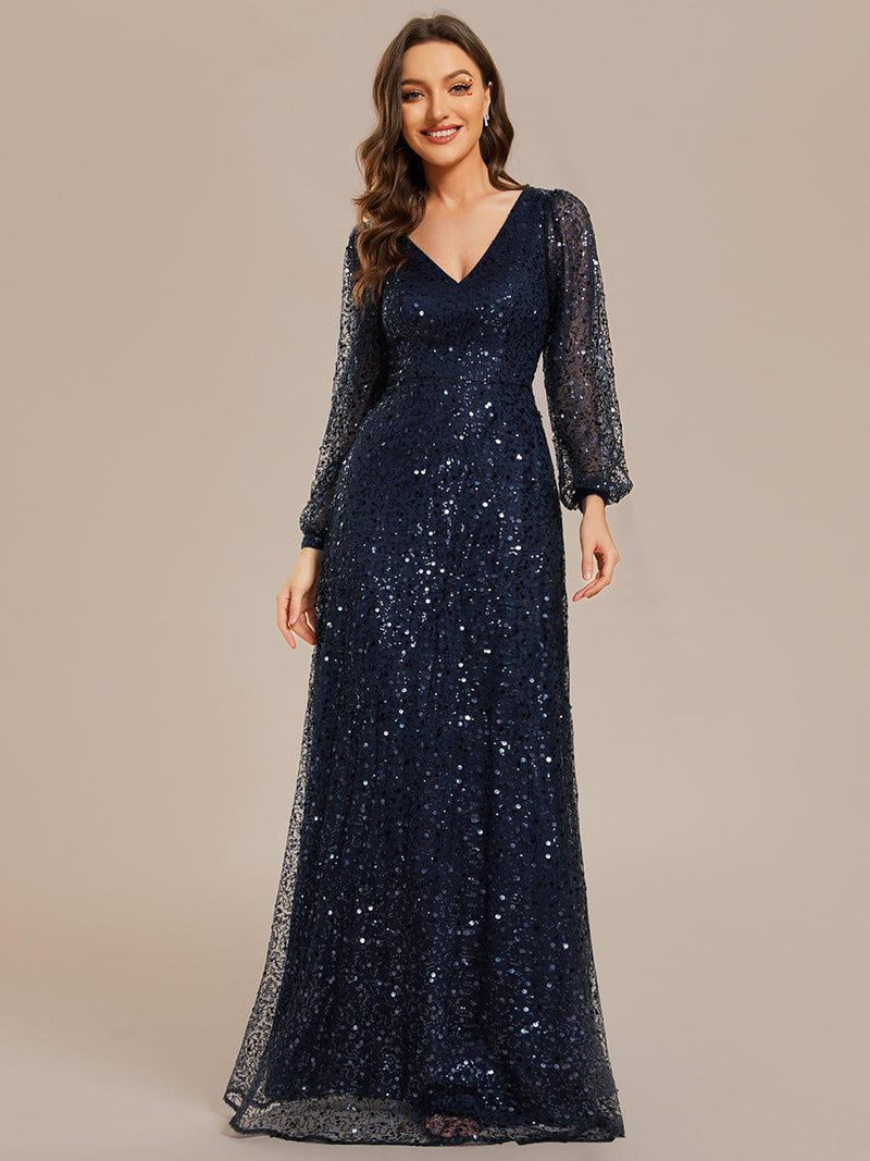ever RAYVEN|Shimmering All Over V-Neck Long Lantern Sleeve Sequin A-Line Evening Dress