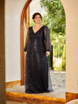 pretty RAYVEN|Plus Size V-Neck Lantern Long Sleeve Sequin A-Line Evening Dress