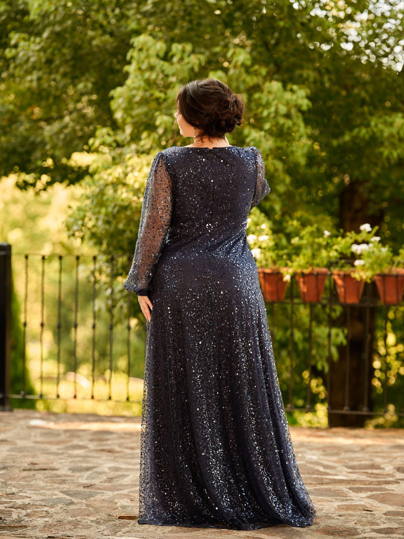 ever RAYVEN|Shimmering All Over V-Neck Long Lantern Sleeve Sequin A-Line Evening Dress