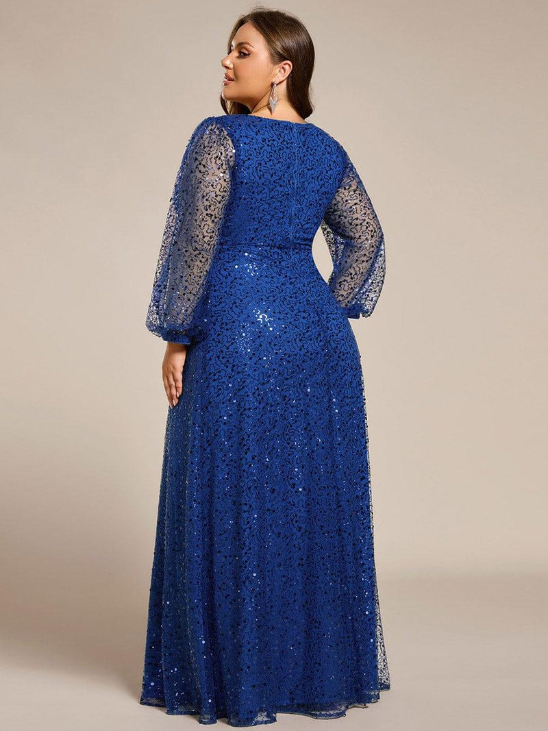 ever RAYVEN|Shimmering All Over V-Neck Long Lantern Sleeve Sequin A-Line Evening Dress