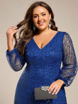 pretty RAYVEN|Plus Size V-Neck Lantern Long Sleeve Sequin A-Line Evening Dress