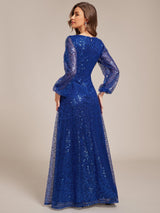 ever RAYVEN|Shimmering All Over V-Neck Long Lantern Sleeve Sequin A-Line Evening Dress