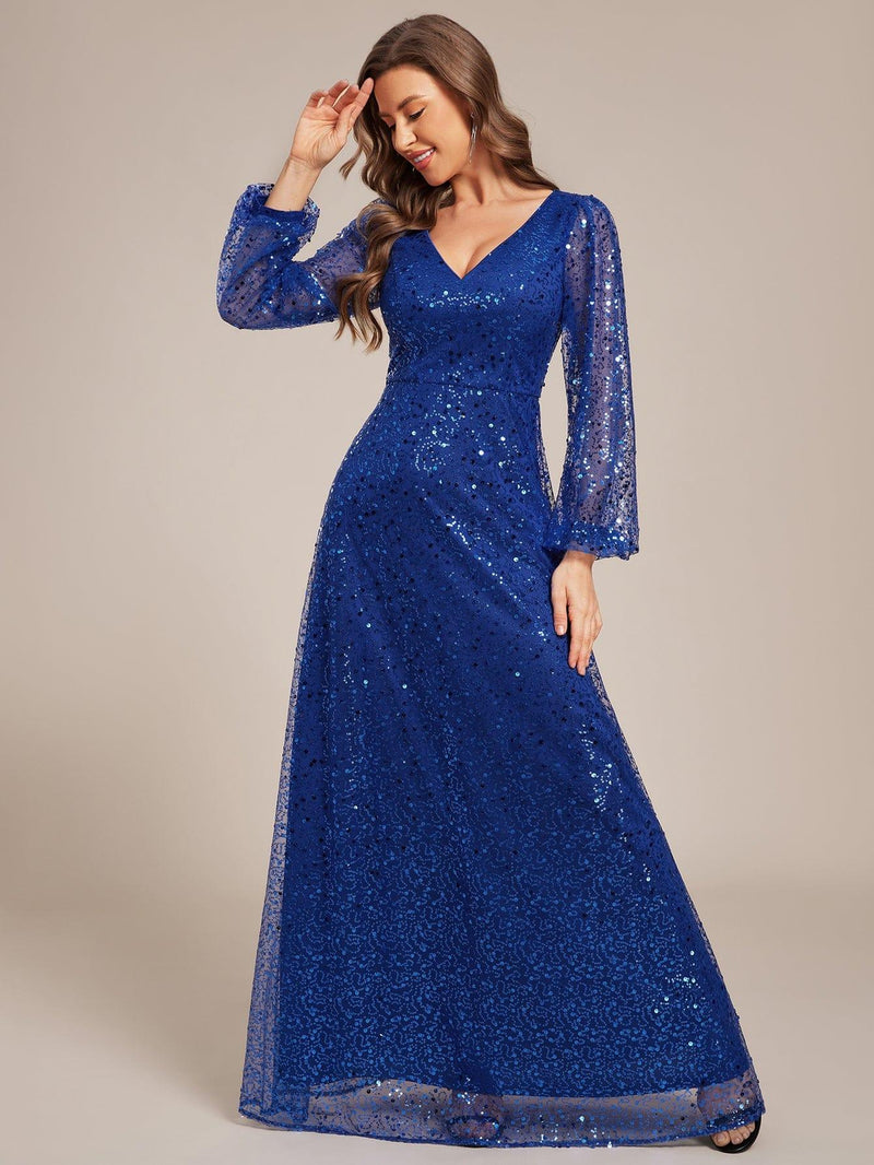 ever RAYVEN|Shimmering All Over V-Neck Long Lantern Sleeve Sequin A-Line Evening Dress