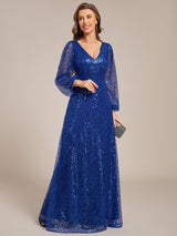 ever RAYVEN|Shimmering All Over V-Neck Long Lantern Sleeve Sequin A-Line Evening Dress