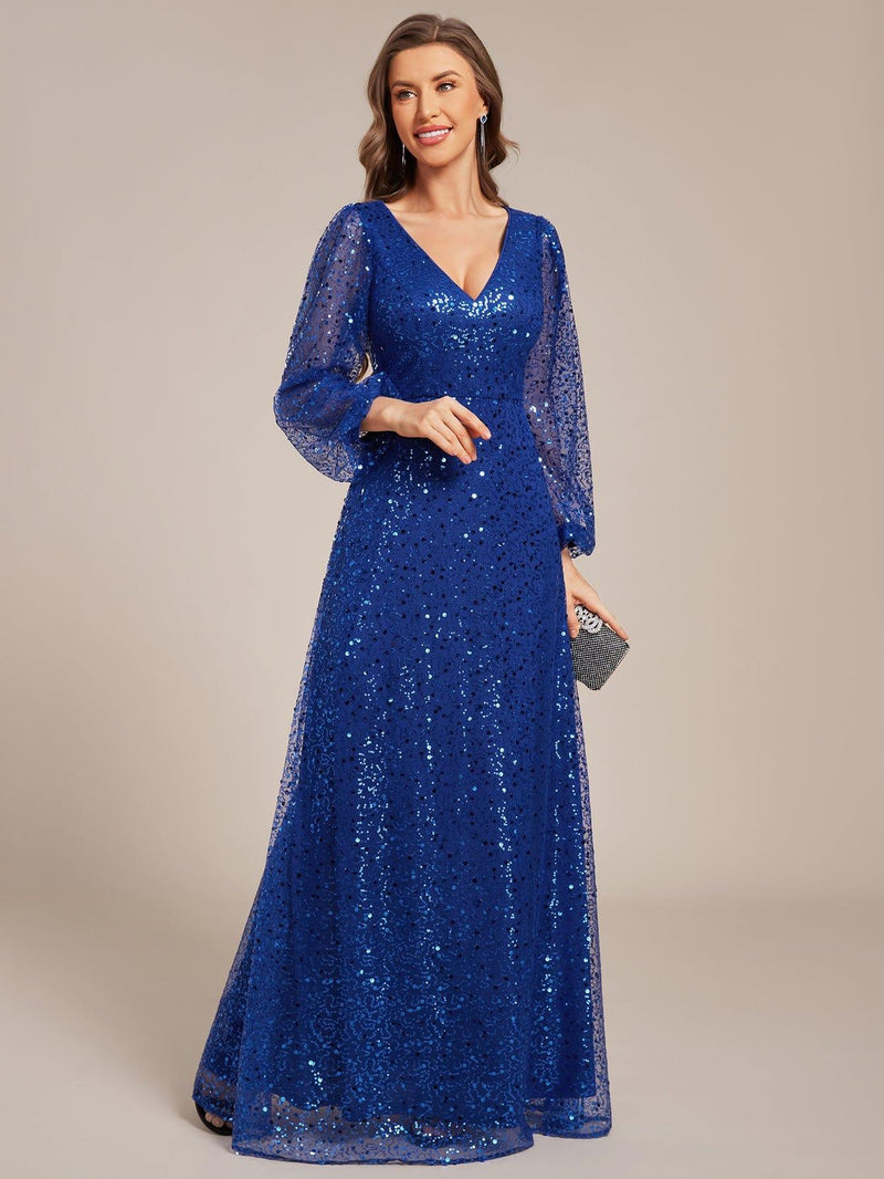 ever RAYVEN|Shimmering All Over V-Neck Long Lantern Sleeve Sequin A-Line Evening Dress