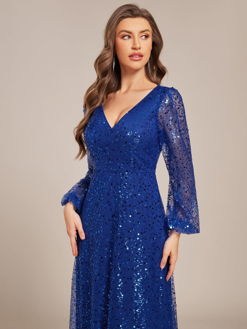 ever RAYVEN|Shimmering All Over V-Neck Long Lantern Sleeve Sequin A-Line Evening Dress